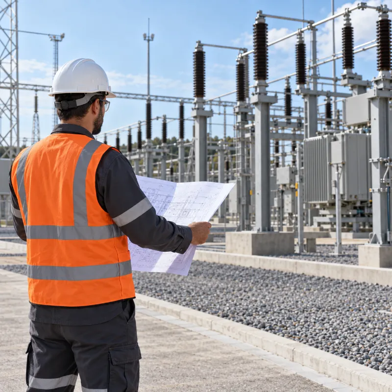 Engenheiro da 5K Engenharia em subestação com projeto técnico