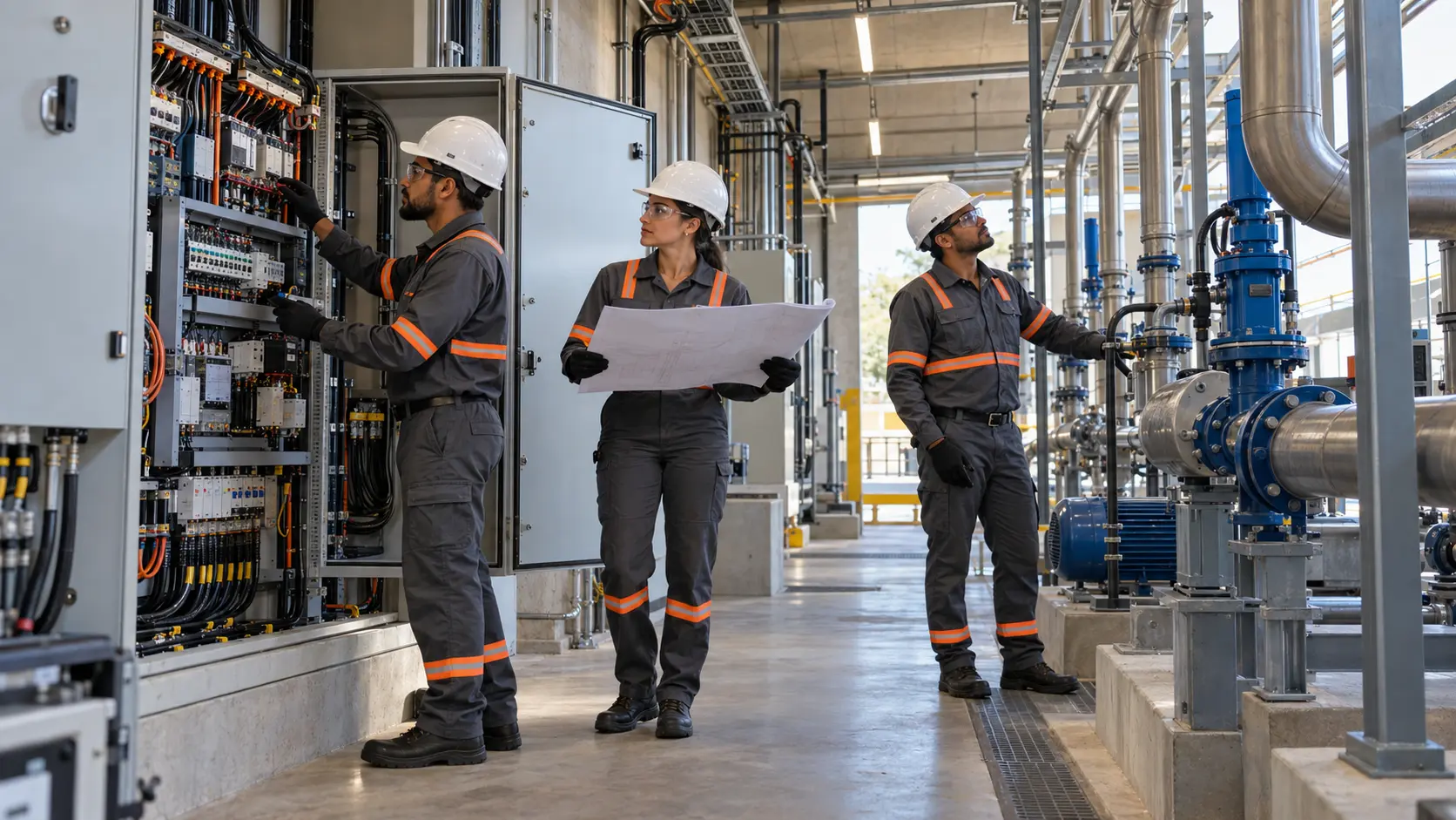 Equipe técnica da 5K Engenharia em obra de instalações elétricas e hidráulicas